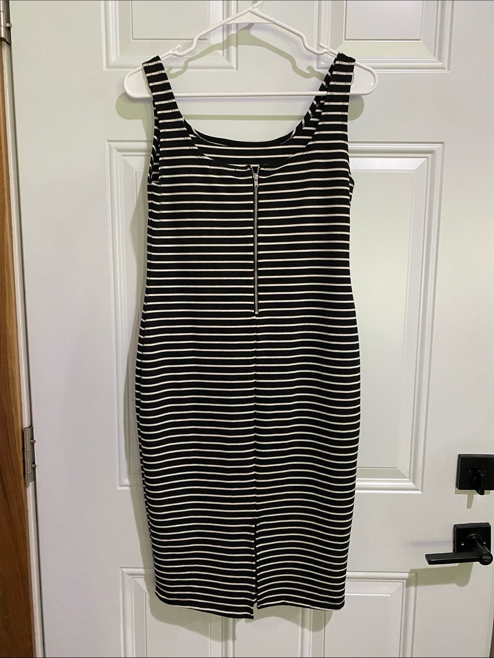 Popular Basics Black and White Striped Midi Dress with Front Zip